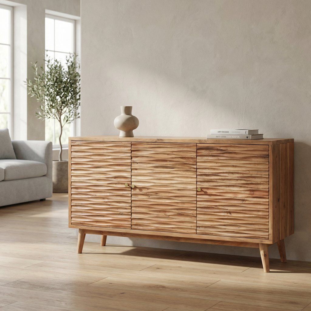 Handcrafted Sideboard Buffet Cabinet with Carved Texture Acacia Wood 58x32in Natural