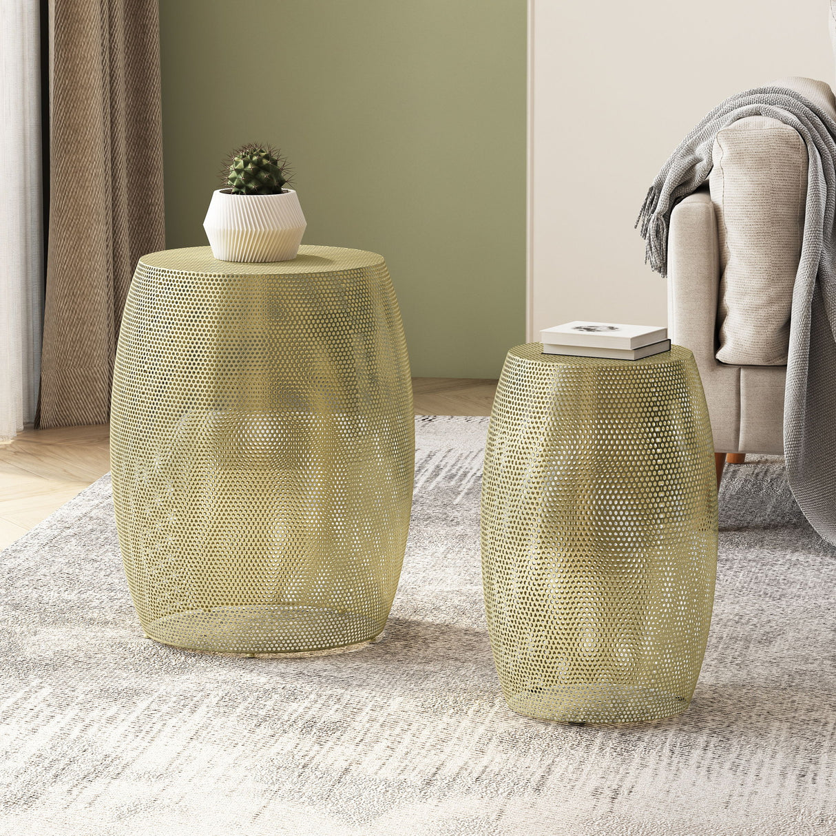Modern Round Metal Hollow Side Table Set With Openwork Design - Gold