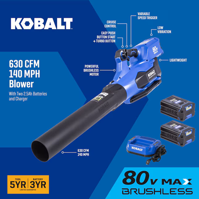 Kobalt 80V 630-CFM Cordless Leaf Blower with 2x 2.5Ah Batteries & Charger