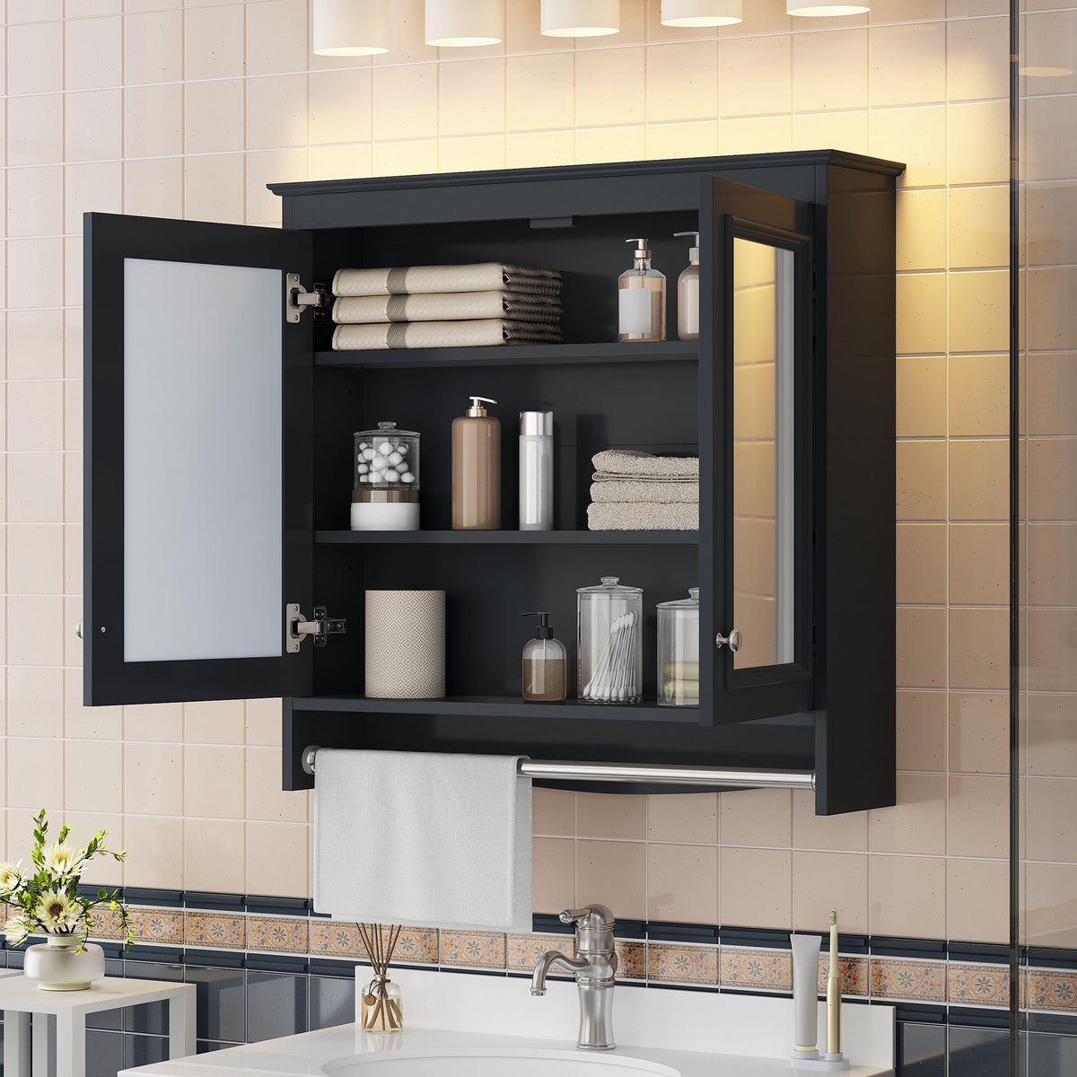 Wall Mounted Mirror Cabinet With Adjustable Shelves, Soft Close Doors, High Definition Mirror - Black