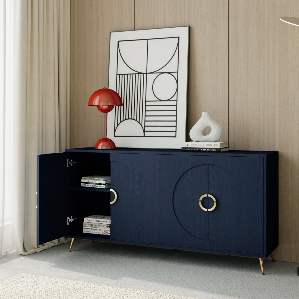 Modern Sideboard Buffet Server Cabinet Lacquered Wood Storage 60x31in