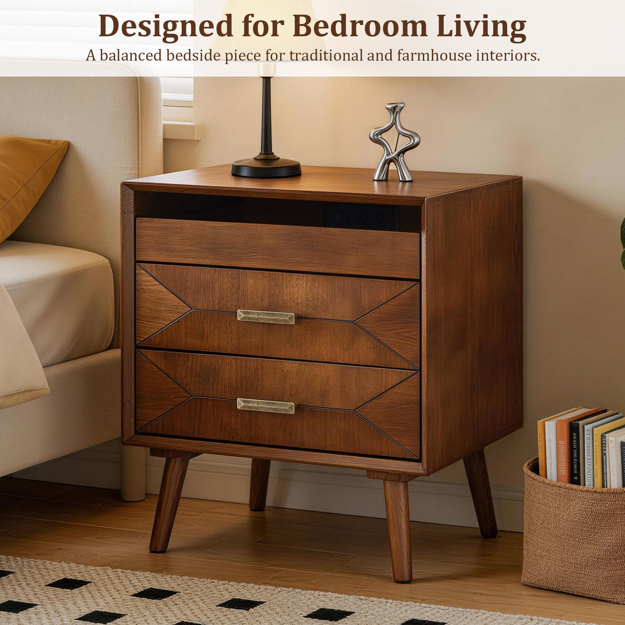Nightstand With Charging Station, 2 Drawers And Open Shelf, USB / Type C Ports