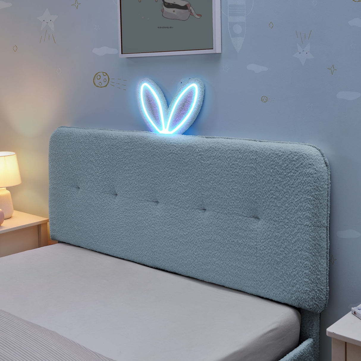 Upholstered Bed With Oversized Rabbit Ear Headboard, LED Lights & 4 Storage Drawers