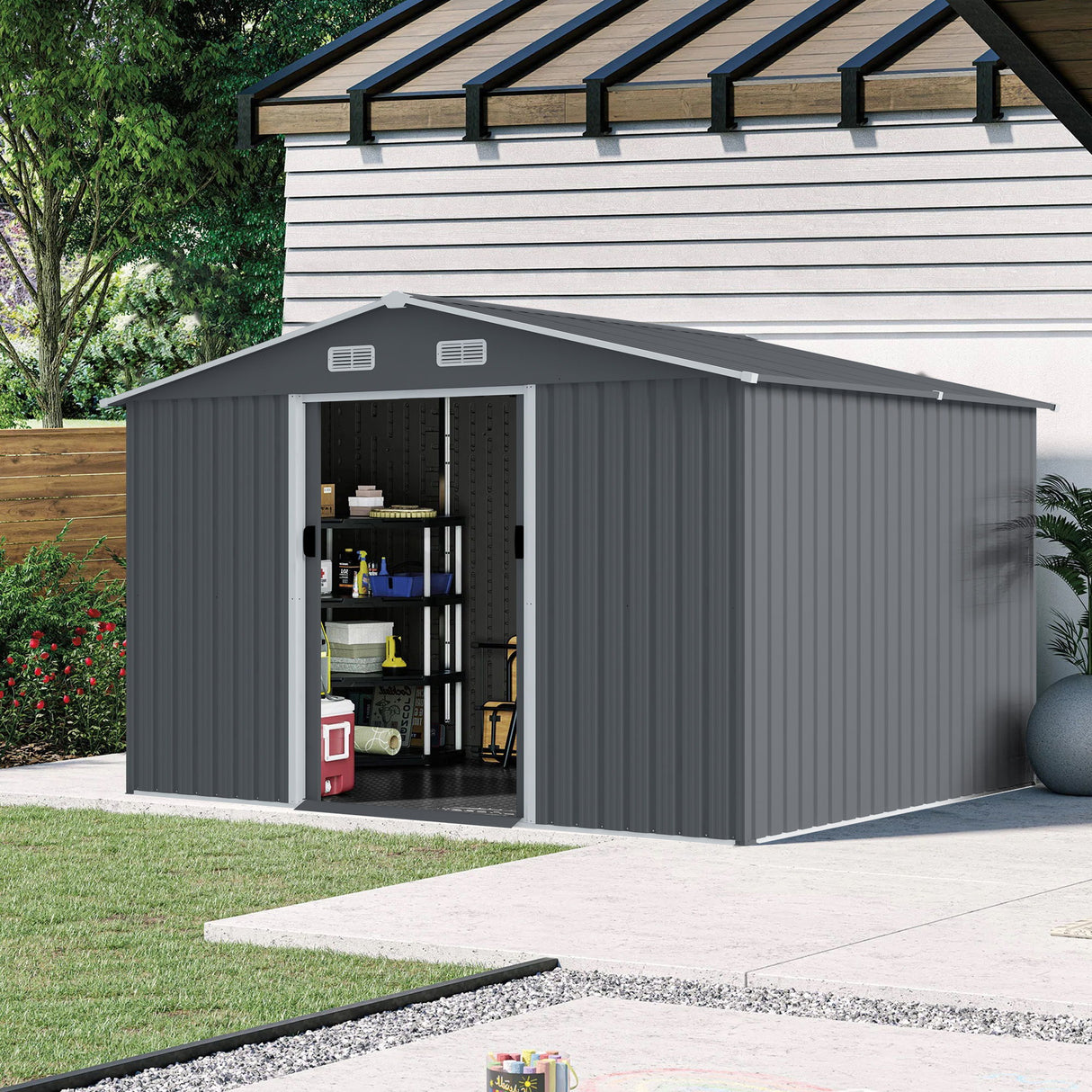 Outdoor Storage Shed Garden Building Heavy Duty Metal Sloped Roof Gray