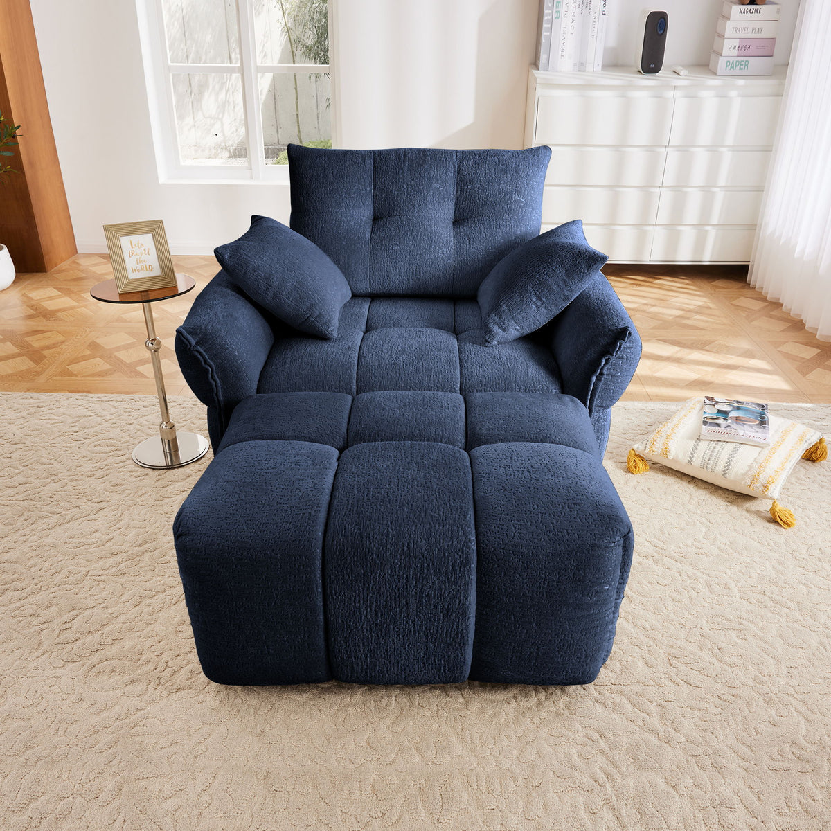 Modern Ergonomic Single Seater Sofa With Ottoman, High Resilience Support - Blue