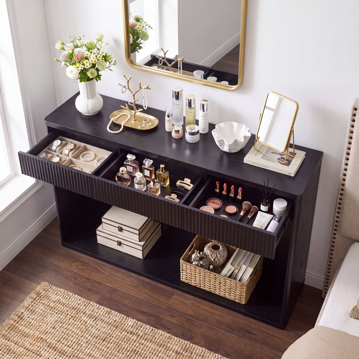 Fluted Console Table With 3 Drawers, Long Sofa Table Behind Couch For Living Room