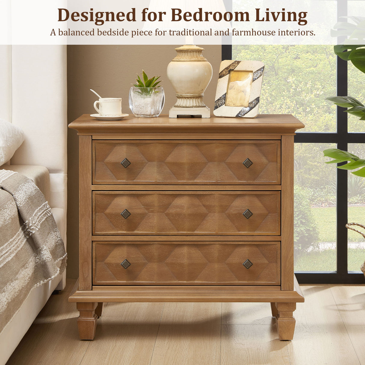 Nightstand With Charging Station, 3 Drawer Bedside Table - Natural Wood