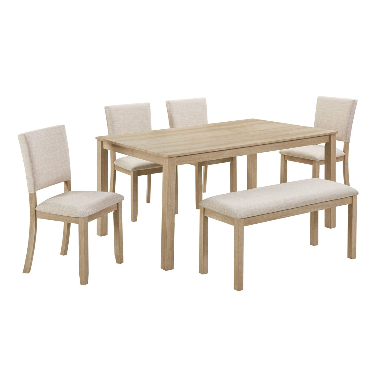 6 Piece Dining Table Set With Bench - Beige / Light Oak