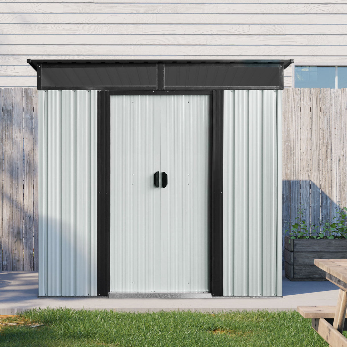 Outdoor Metal Storage Shed Garden Building with Sliding Doors and Foundation