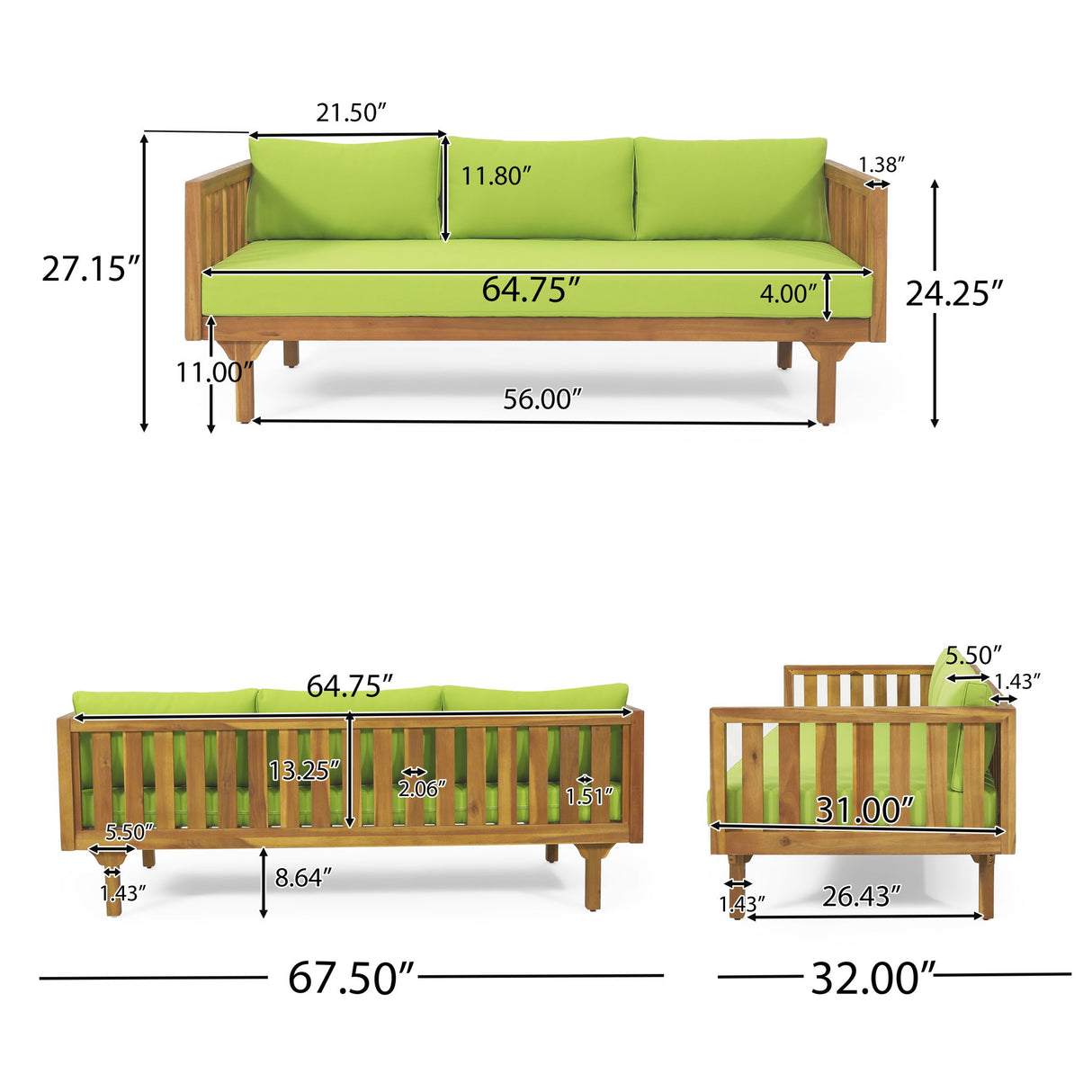 Claremont - 3 Seater Daybed Teak Acacia Wood Water Resistant Cushions