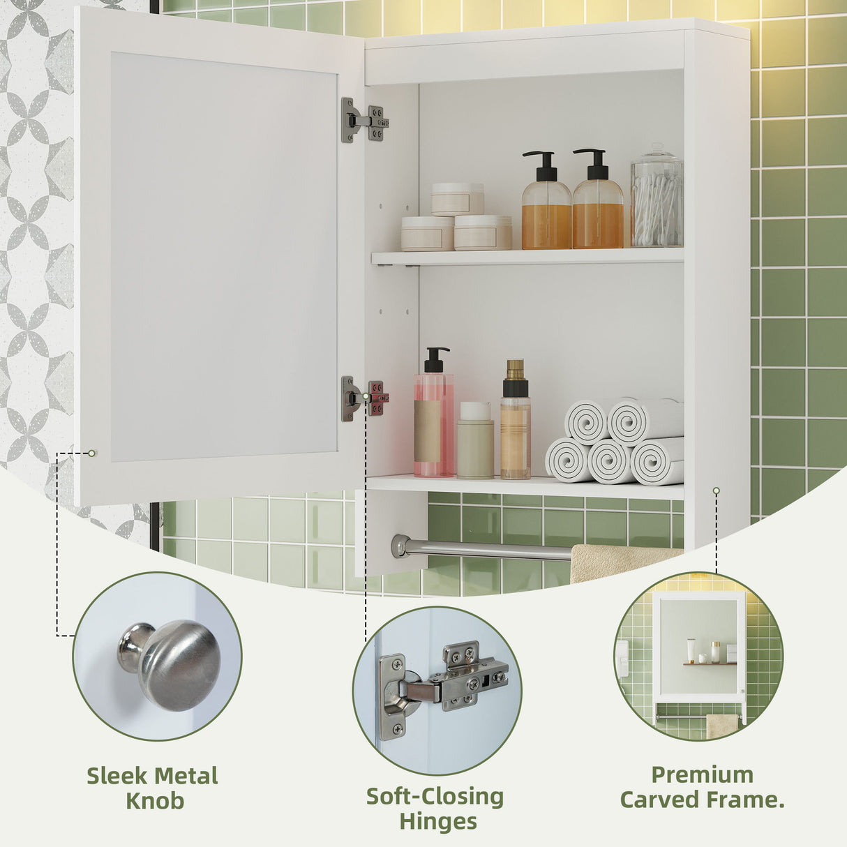 3 In 1 Wall Mounted Bathroom Mirror Cabinet With Adjustable Shelf, Soft Close Door, Mirror & Towel Bar - White