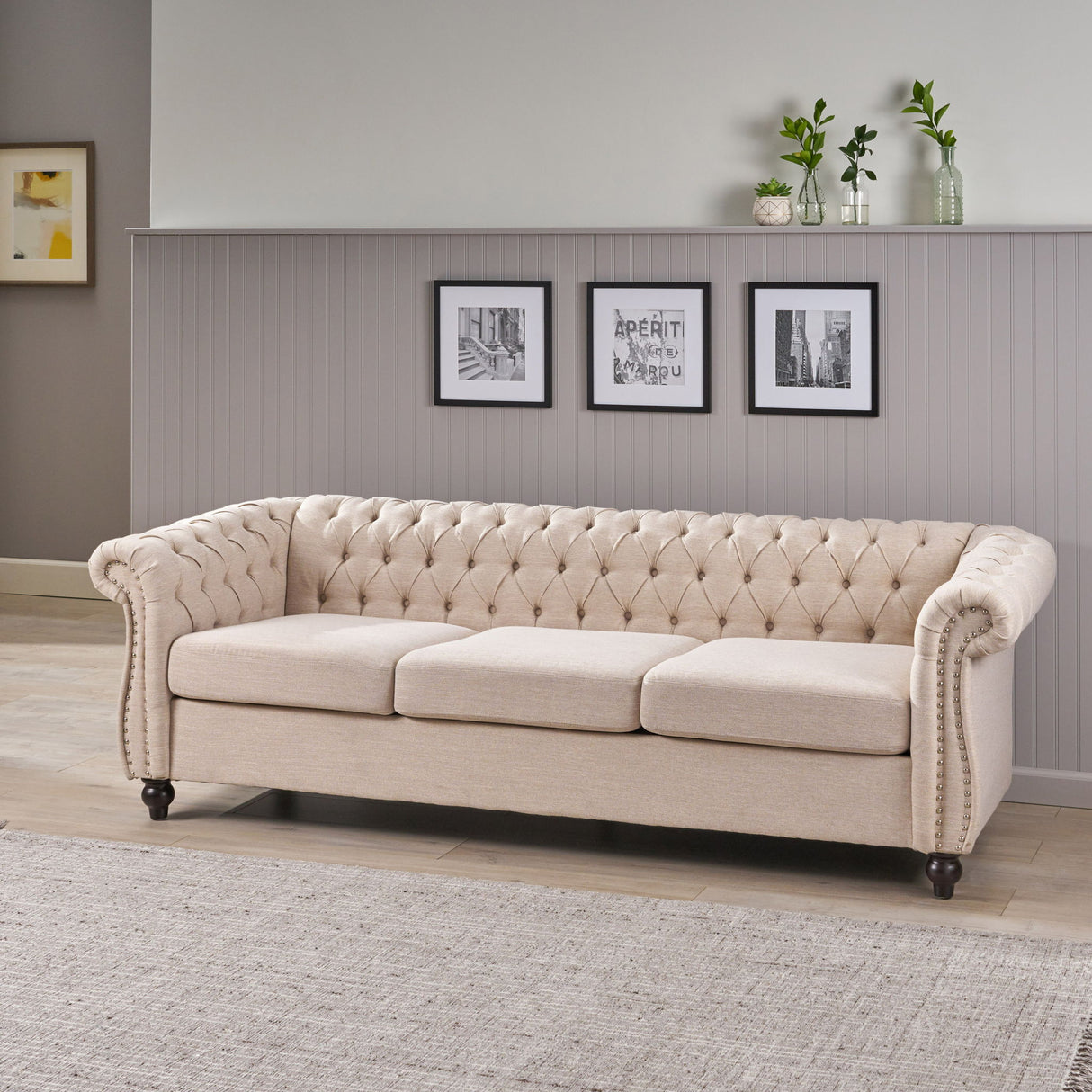 Chesterfield Style 3 Seater Sofa With Deep Button Tufting - Beige