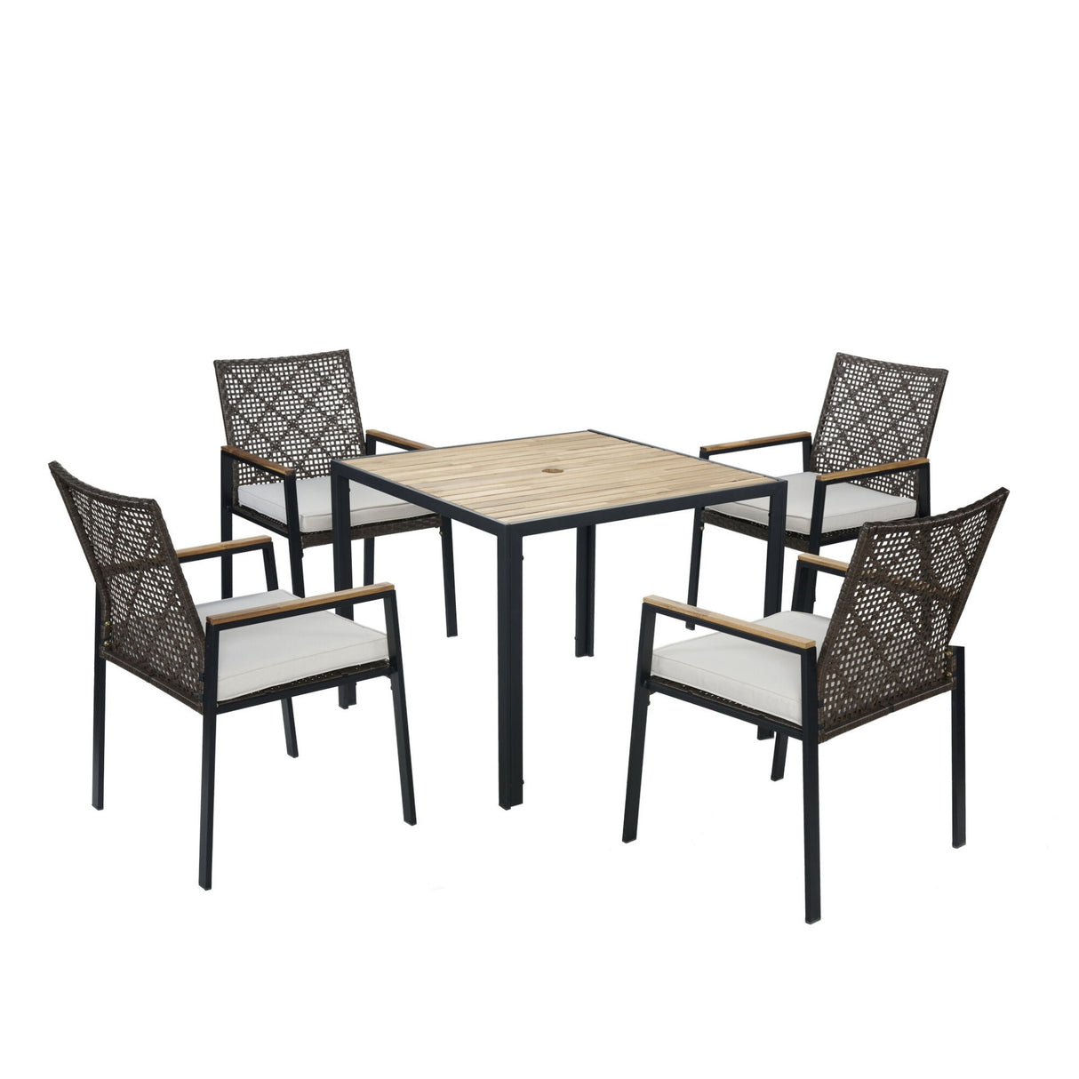 5 Piece Patio Dining Table Set, Acacia Wood Table Top With Umbrella Hole