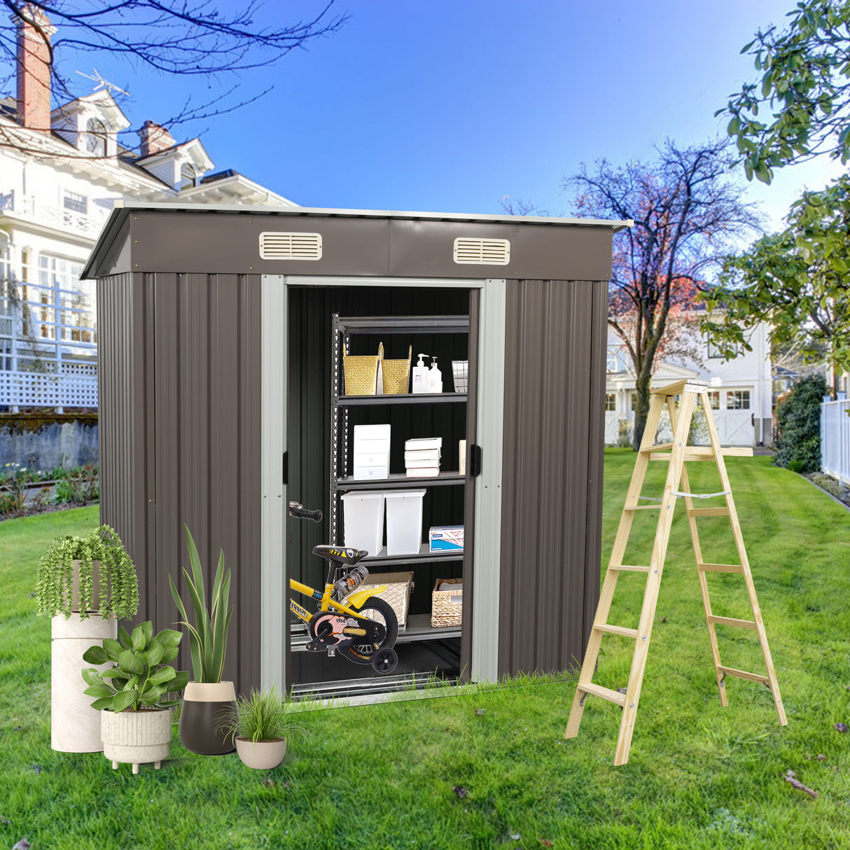 Outdoor Metal Storage Shed Garden Building Weather Resistant Iron 6x5ft