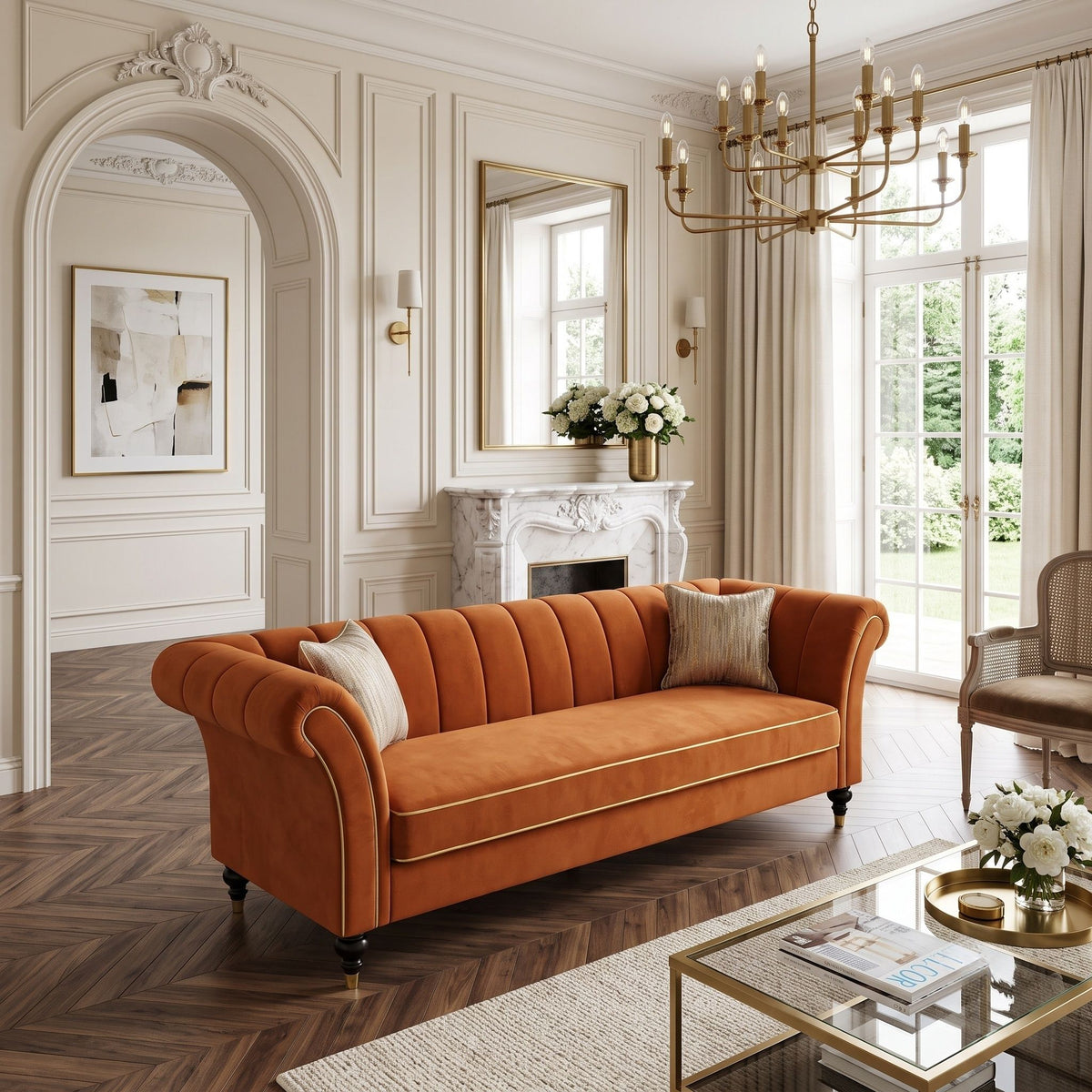 3 Seater Sofa With Rolled Arms, Vertical Channel Tufted Backrest