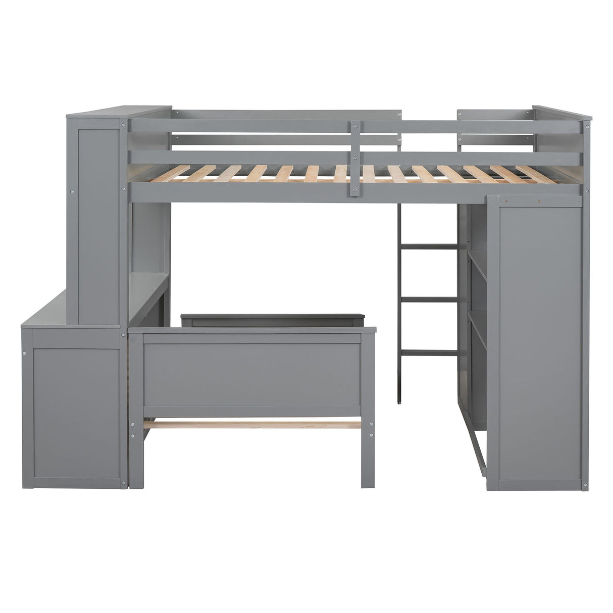 Loft Bed With A Twin Size Standalone Bed, Shelves, Desk, And Wardrobe
