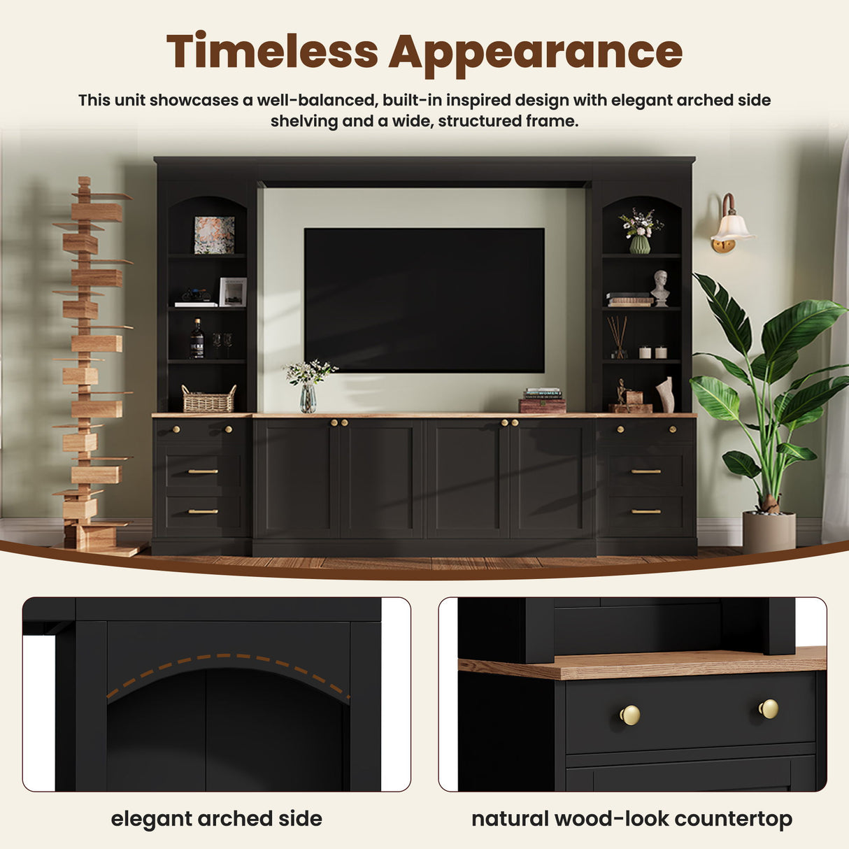 Arched Entertainment Center Wall Unit With Bookshelf, Retro Large TV Stand