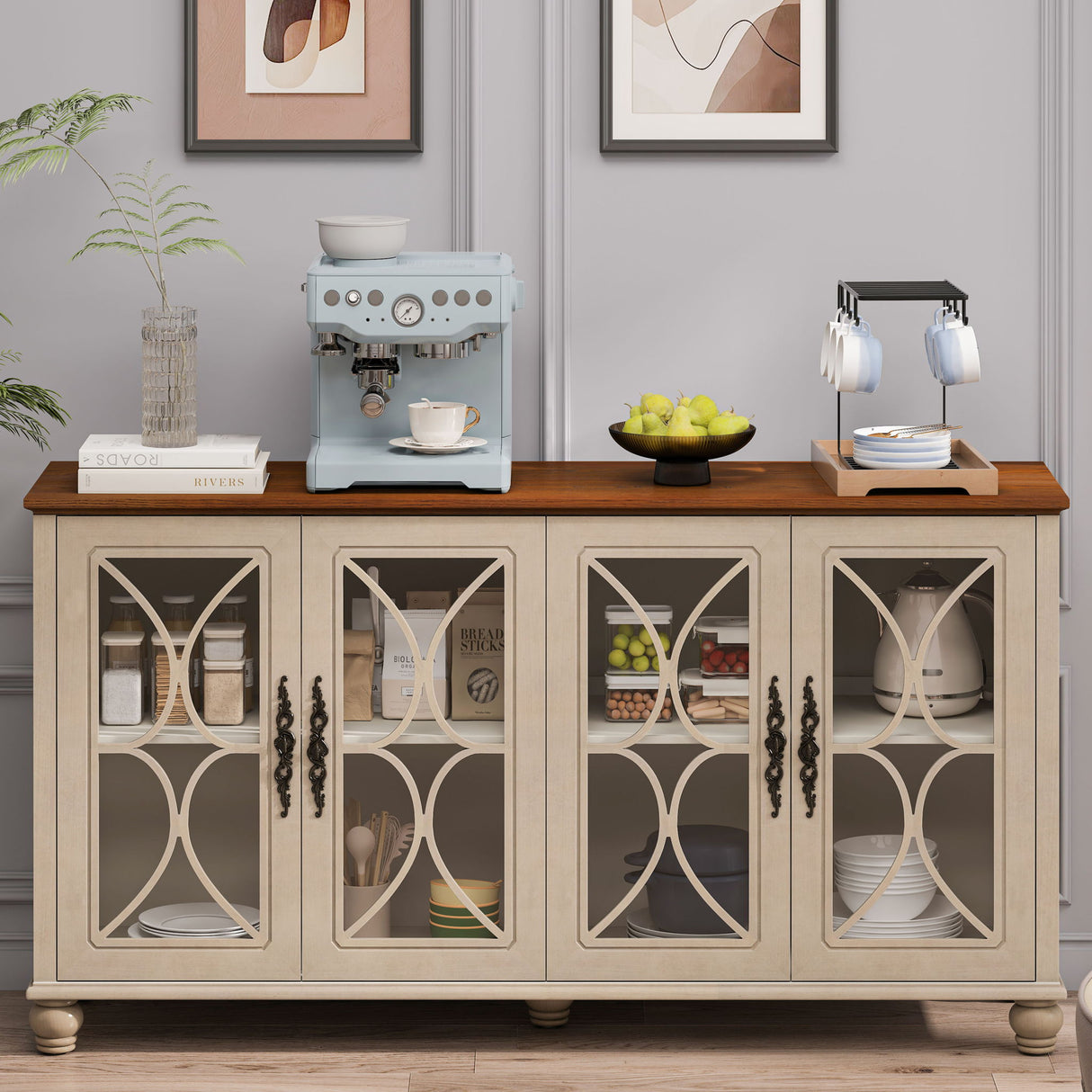 4 Door Sideboard Cabinet with Tempered Glass Doors and Wood 59x32in