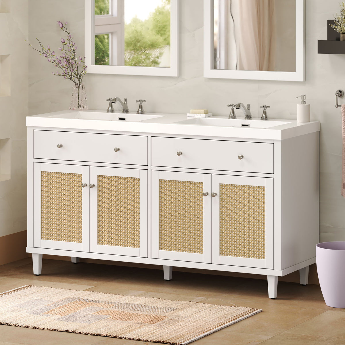 Bathroom Vanity With Double Sink, Large Storage Space - White