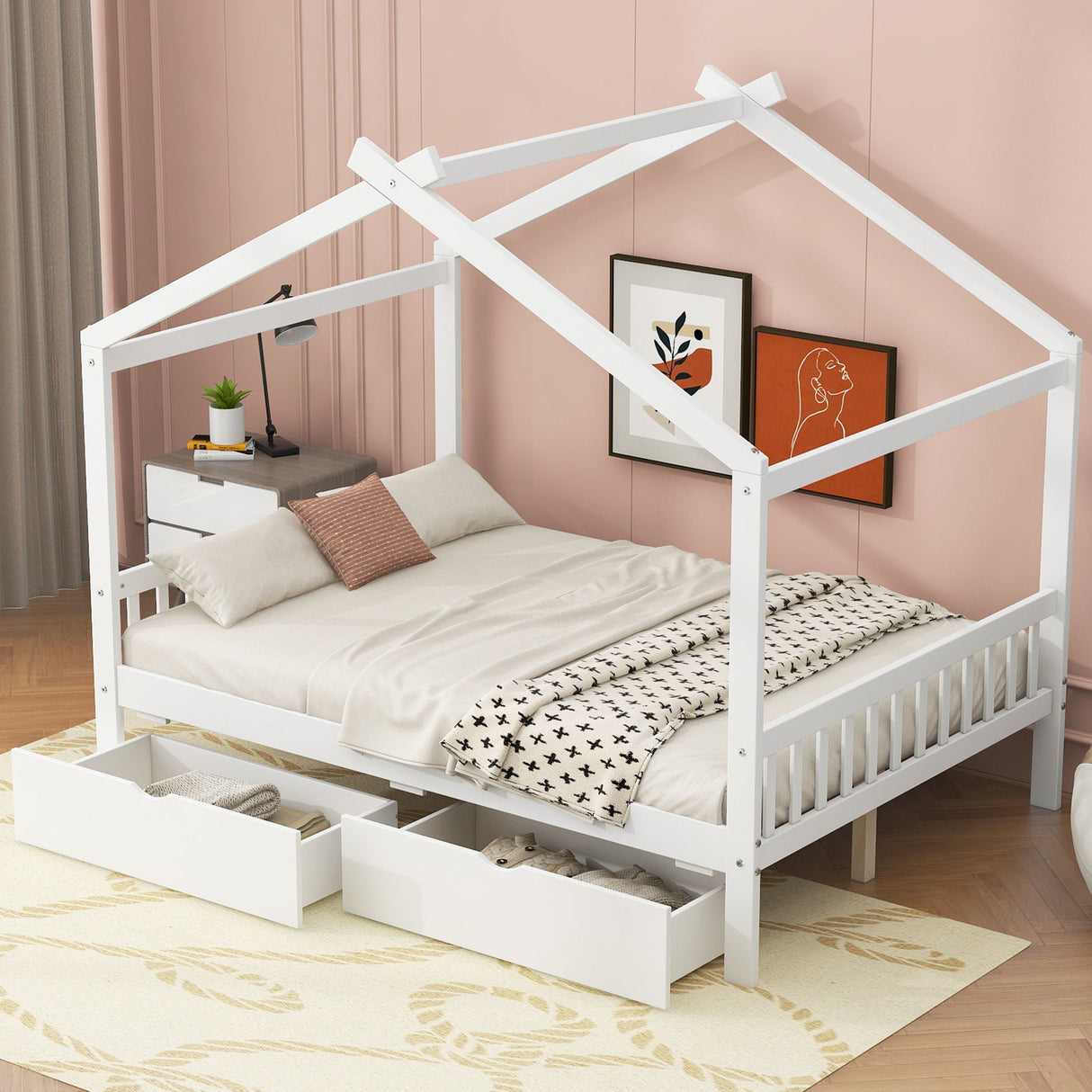 House Style Platform Bed With Headboard, Footboard, 2 Drawers, And Roof Design