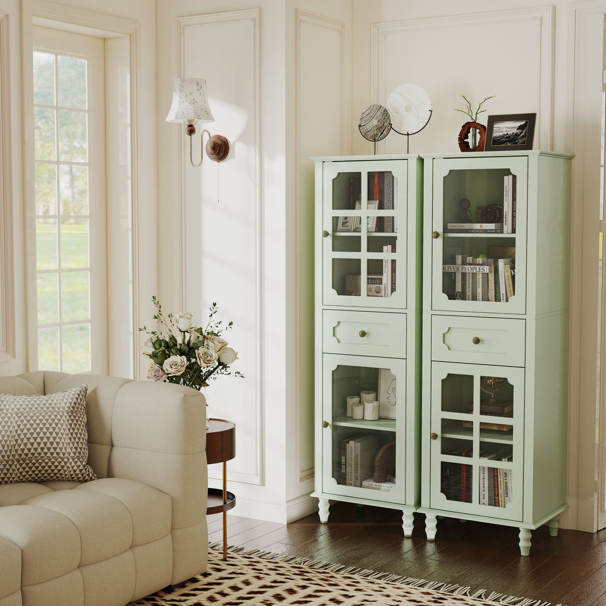Curio Cabinet, Freestanding Vintage Display Storage Cabinet, Adjustable Shelves - Green