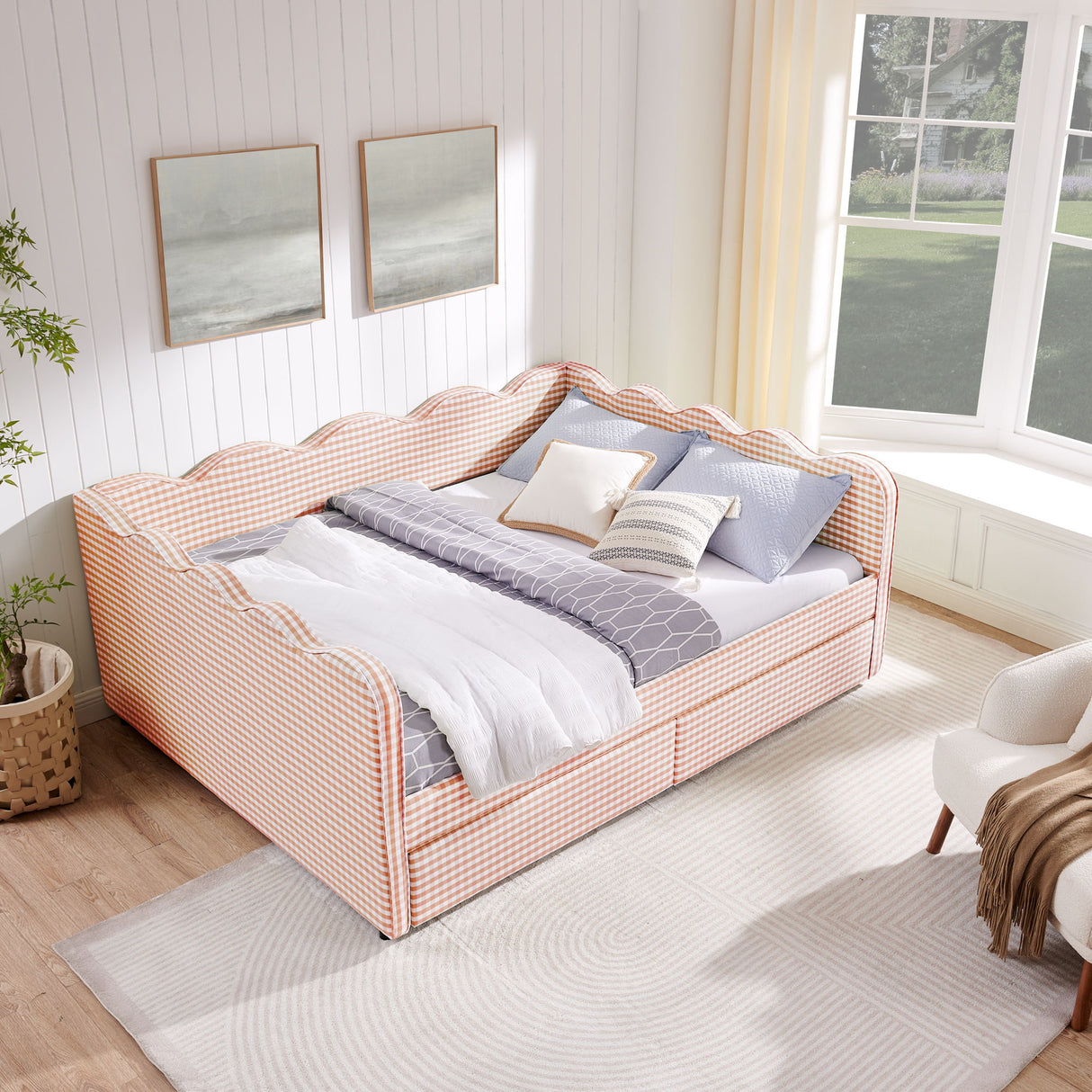 Gingham Daybed & USB Charging Port, Wave Shaped Design