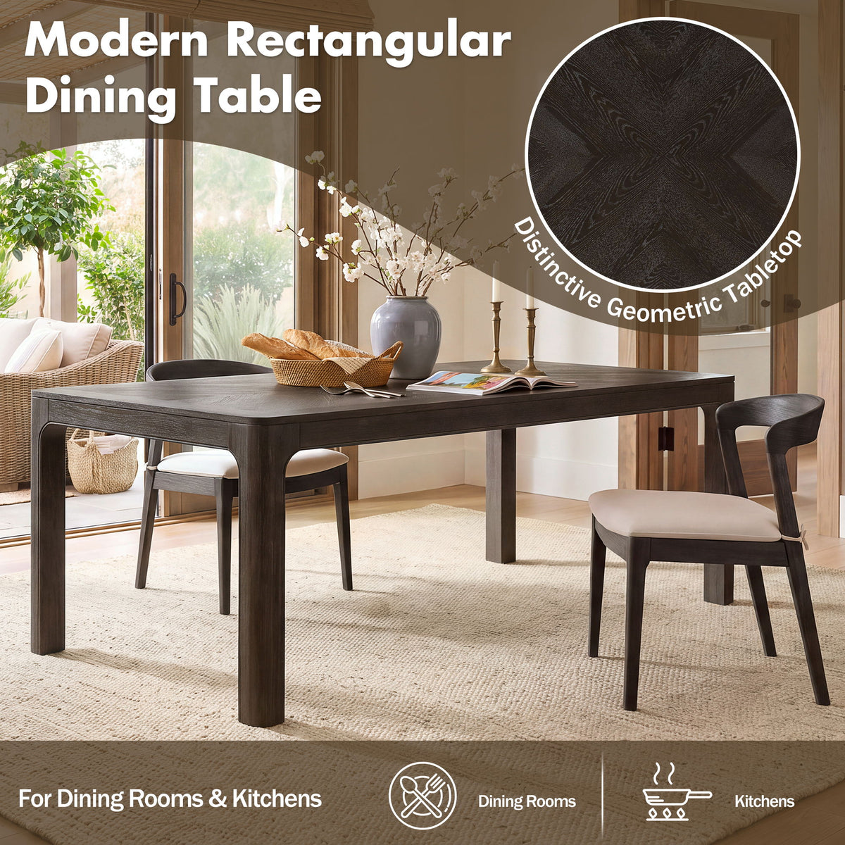 Rectangular Dining Table With Parquet Top, Rounded Corners