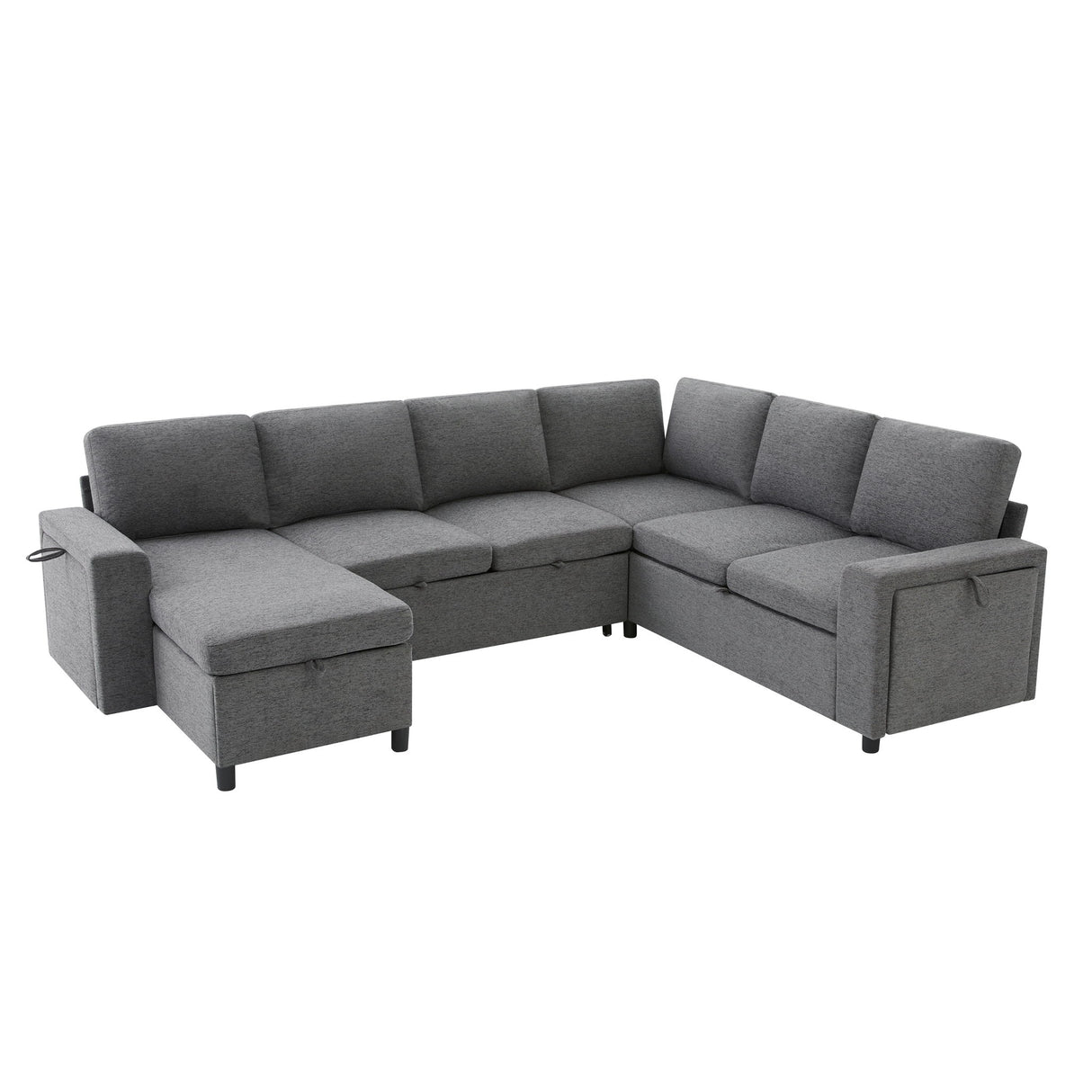 U - Shaped Convertible Sectional Sofa Bed With Storage, USB Charger & Cup Holders
