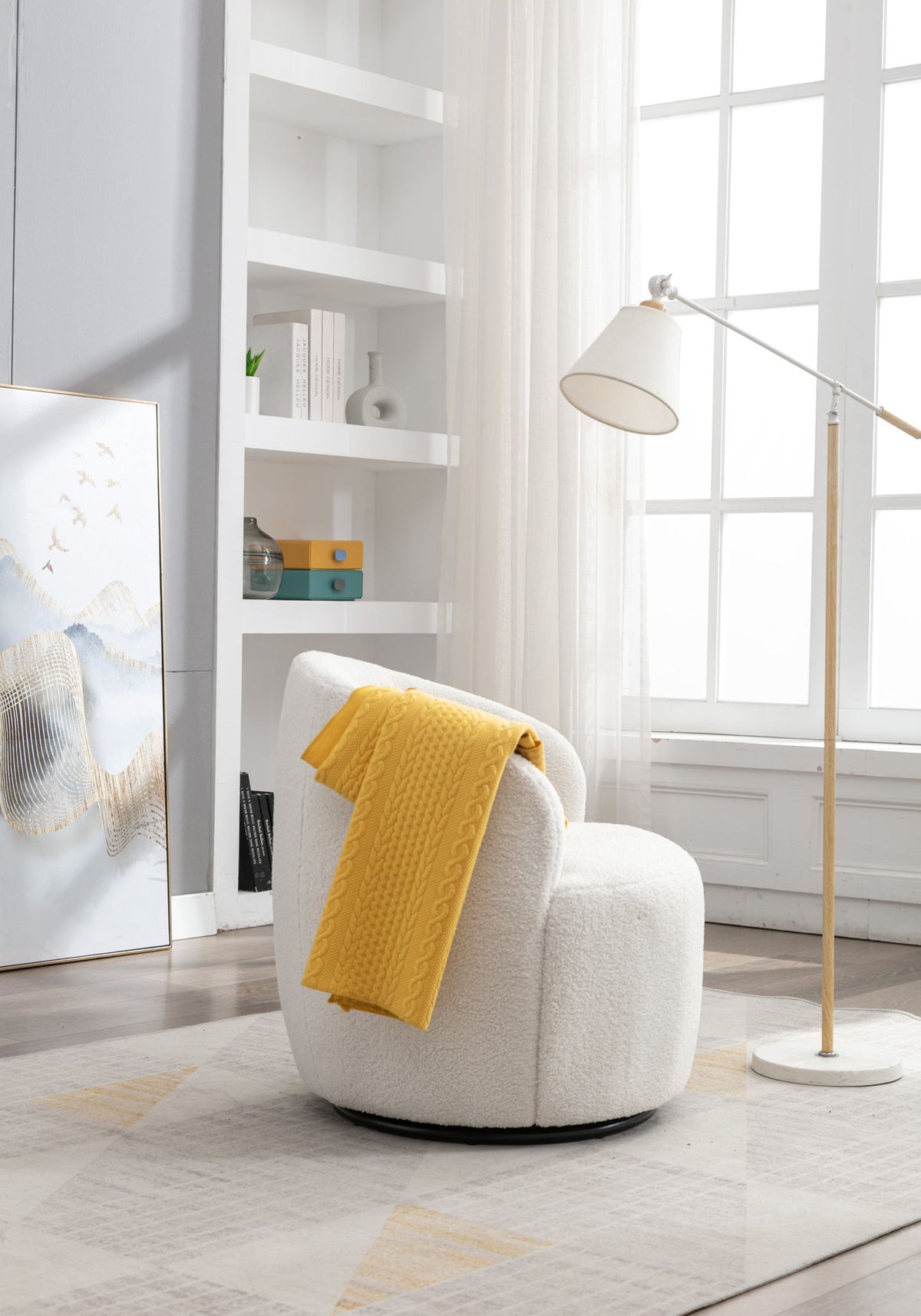 Teddy Fabric Swivel Accent Armchair Barrel Chair With Powder Coating Metal Ring - Ivory White