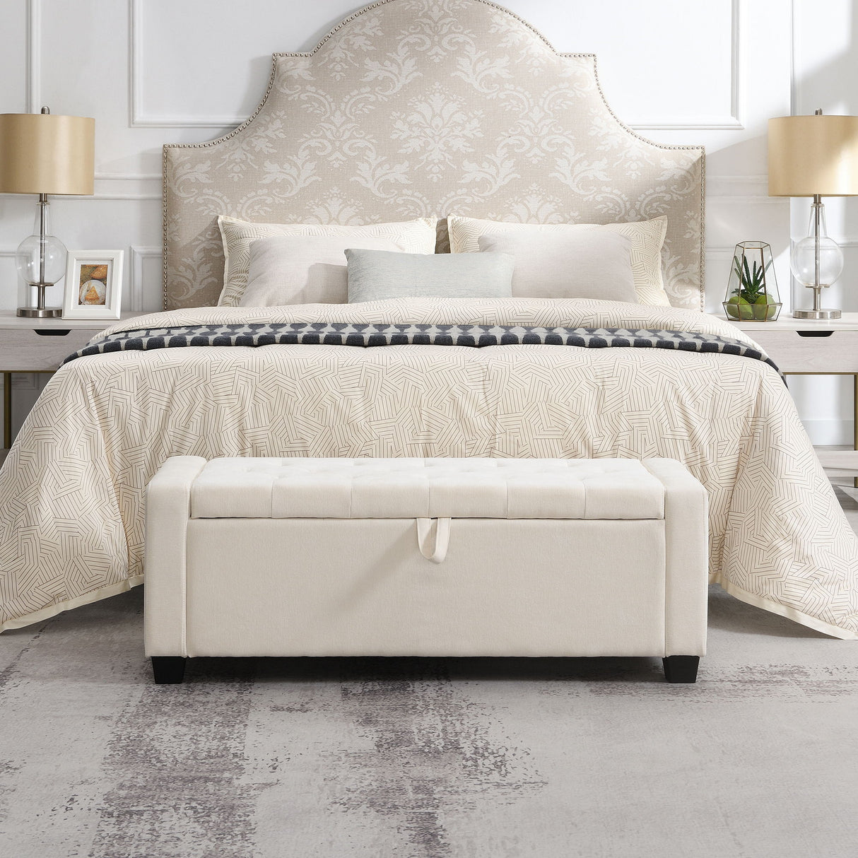 Upholstered Storage Ottoman Bench With Button Tufting And Safety Hinge