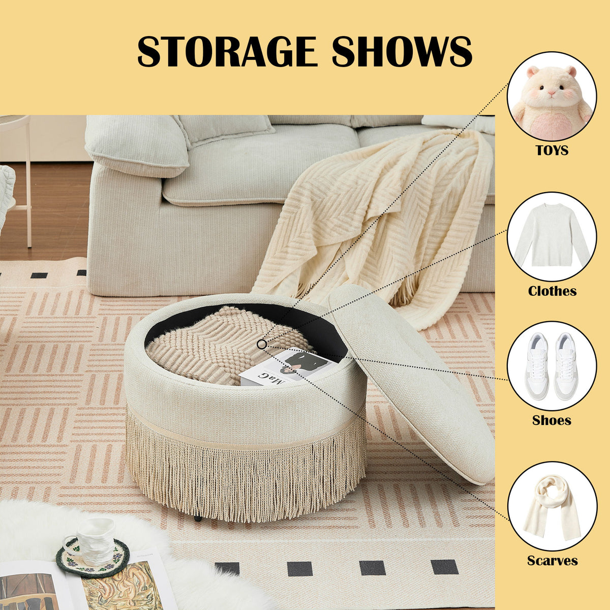 Round Storage Ottoman With Tassel, Decorative Accent Pouf For Living Room