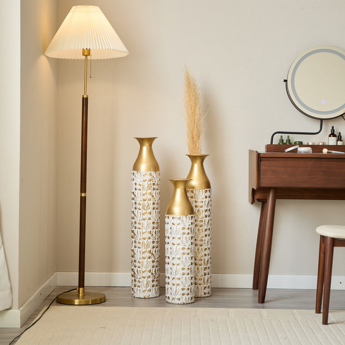 Mother's Day Gift Set Gilded White 3D Relief Flower Metal Vase Set - White / Gold