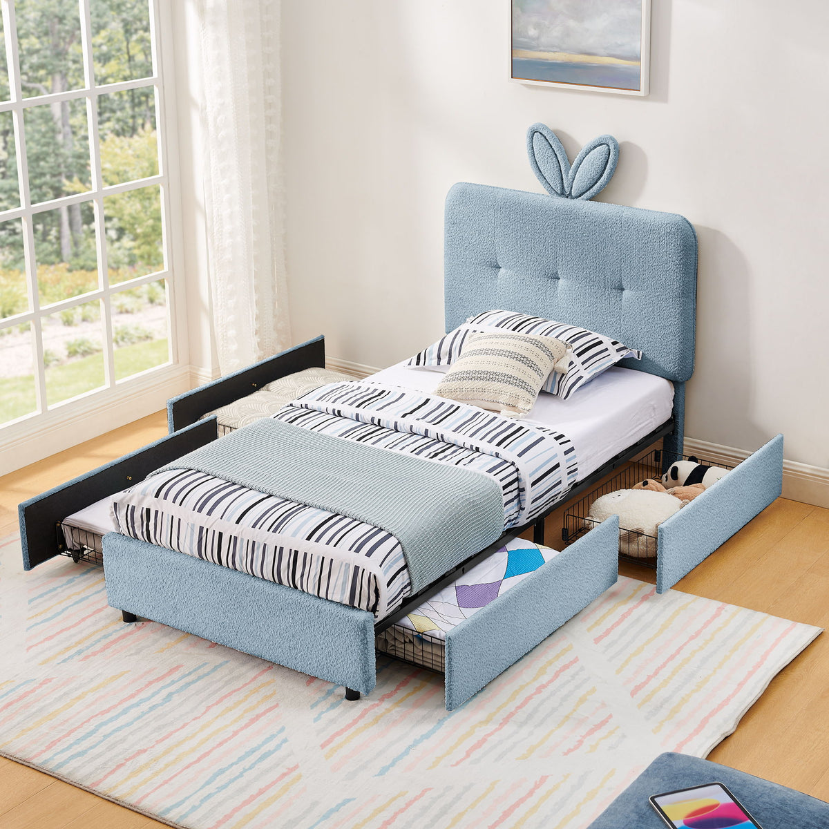 Upholstered Bed With Oversized Rabbit Ear Headboard, LED Lights & 4 Storage Drawers