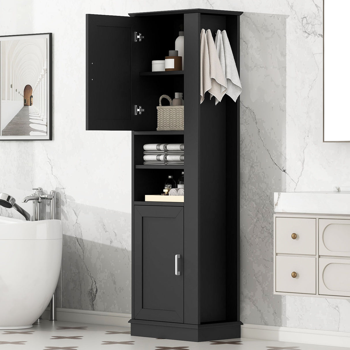 Tall Freestanding Bathroom Storage Cabinet With Adjustable Shelves And Side Hooks Board, Rectangle Design