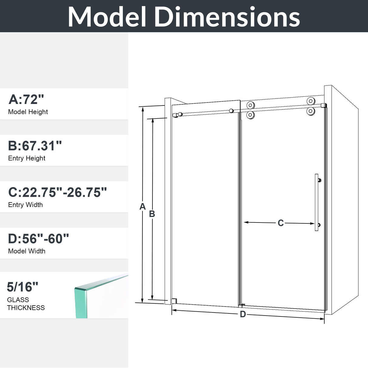 Frameless Single Sliding Shower Door With Clear Tempered Glass