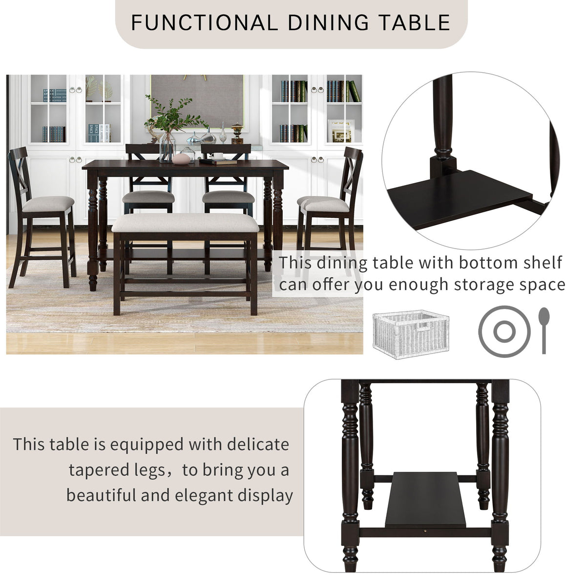 Counter Height Dining Set With Shelf, 4 Chairs And Bench