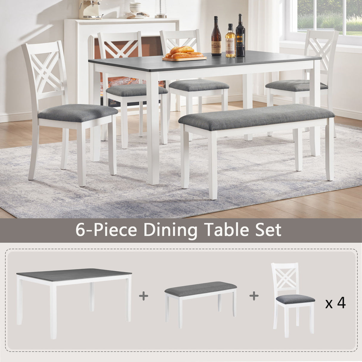 6 Piece Kitchen Dining Set, Rectangular Dining Table With 4 Upholstered Chairs And Bench - Gray / White