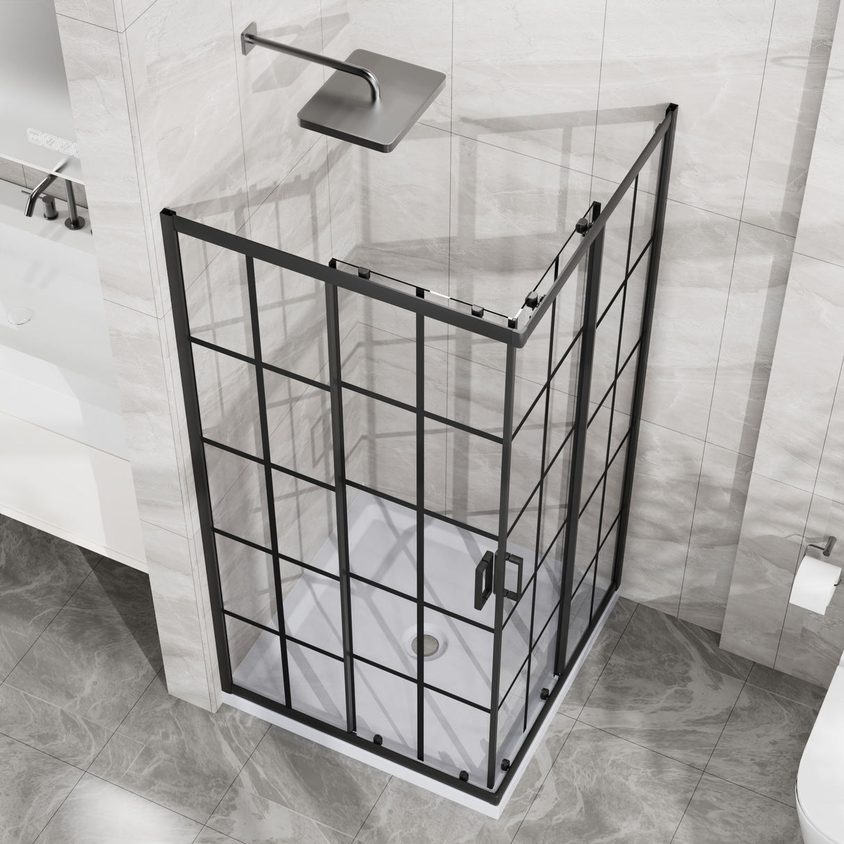 Corner Shower Enclosure Double Sliding Door & Shower Base - Matte Black