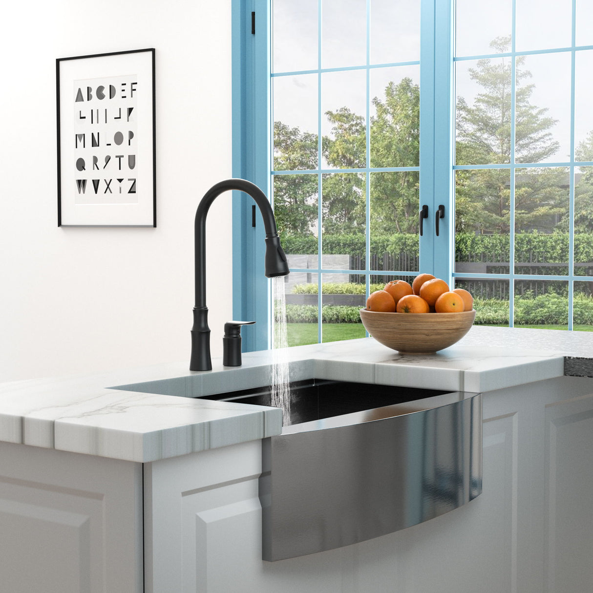 16.9" Kitchen Sink Faucet With Separate Handle And Pull Down Sprayer, Lead Free Brass - Matte Black