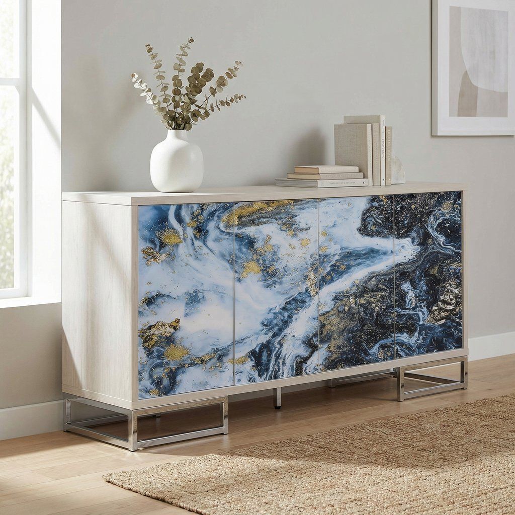 Sideboard Buffet Cabinet 4 Door Marble Print Wood 65x30in Light Blue White