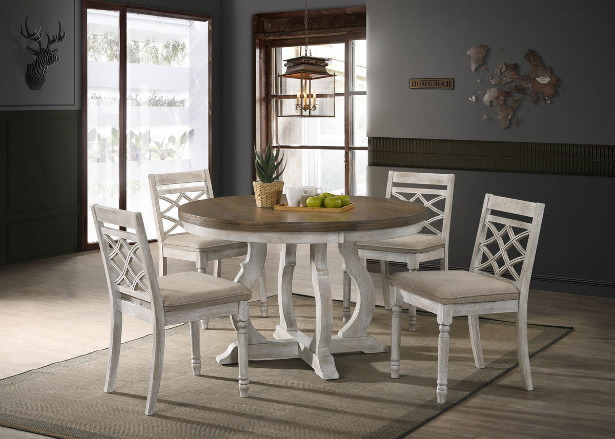 Havanna - 5 Piece Wide Round Dining Table With Off White Chairs (Set of 5) - Vintage Walnut