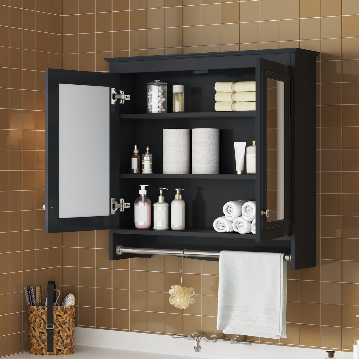 Wall Mounted Mirror Cabinet With Adjustable Shelves, Soft Close Doors, High Definition Mirror - Black