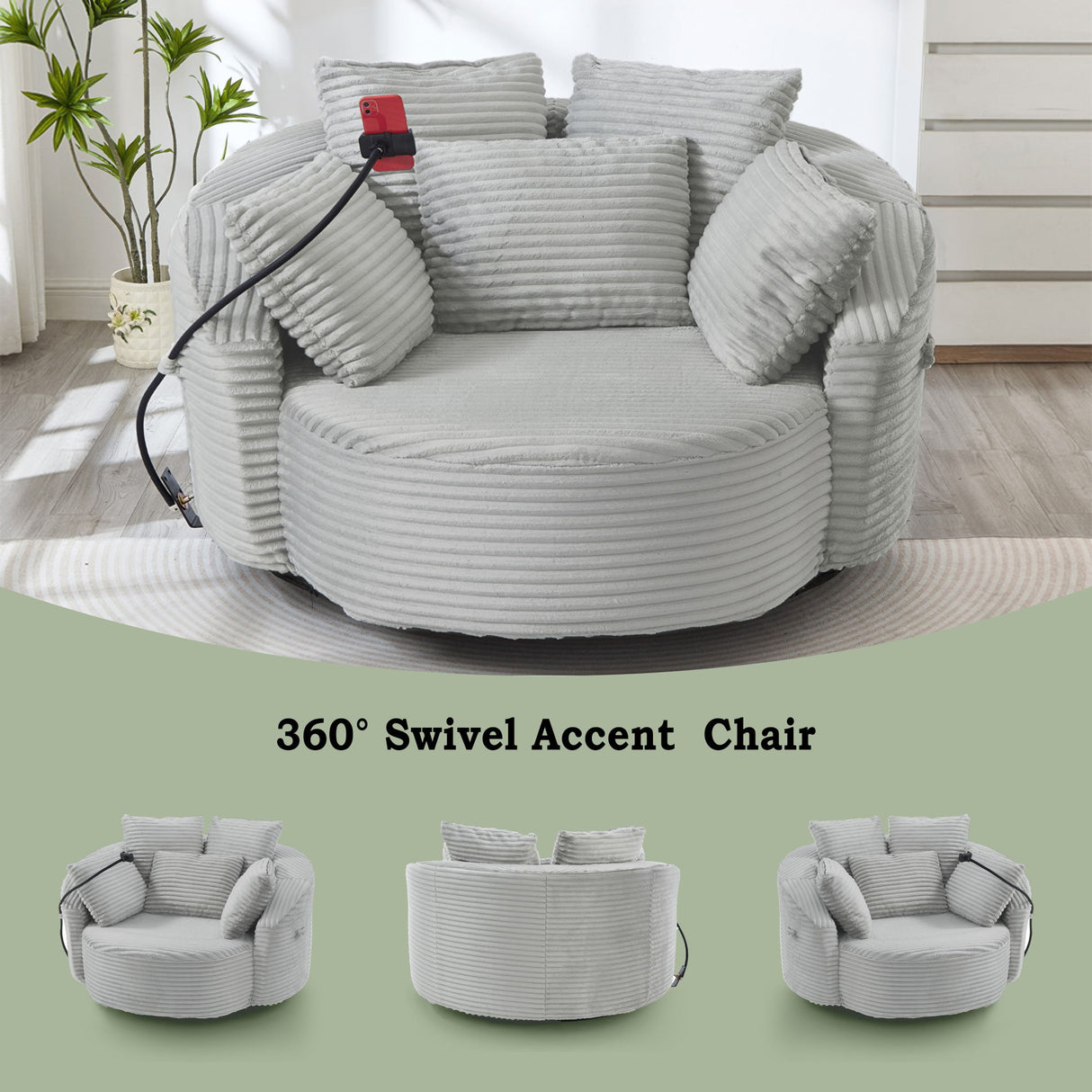 Swivel Accent Barrel Chair With Adjustable Phone Holder, 5 Pillows For Living Room