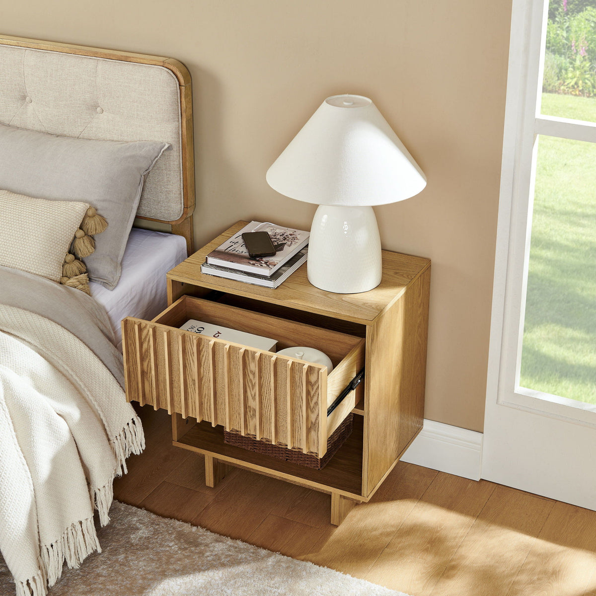 Nightstand With Hidden Charging Station USB Ports & Outlet Hole