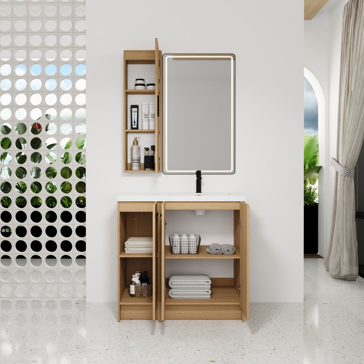 Freestanding Bathroom Vanity Set With Tall Linen Cabinet, 3 Door Storage Cabinet, Single Sink
