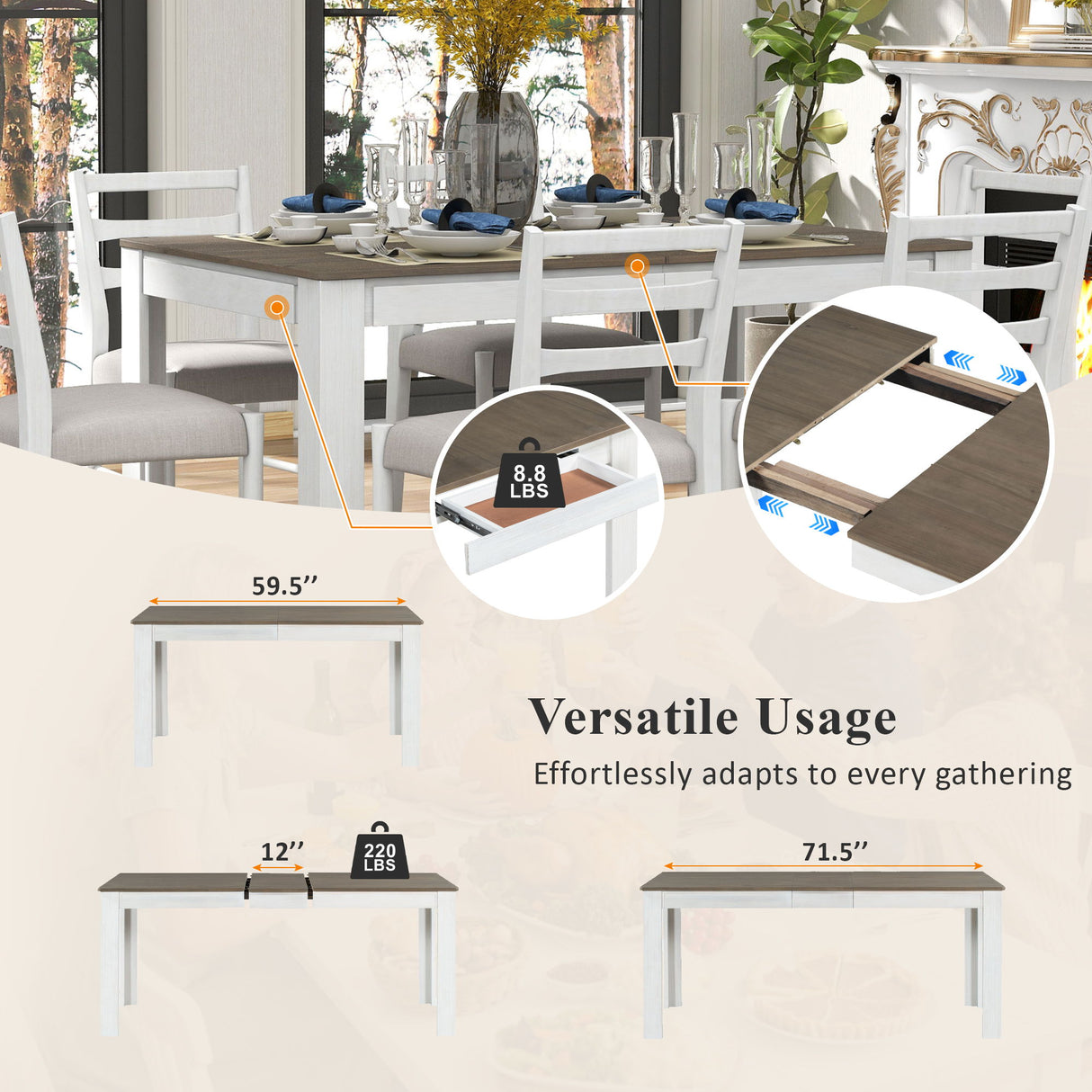 7 Piece Dining Set With Extendable Table, 2 Drawers & 6 Upholstered Chairs