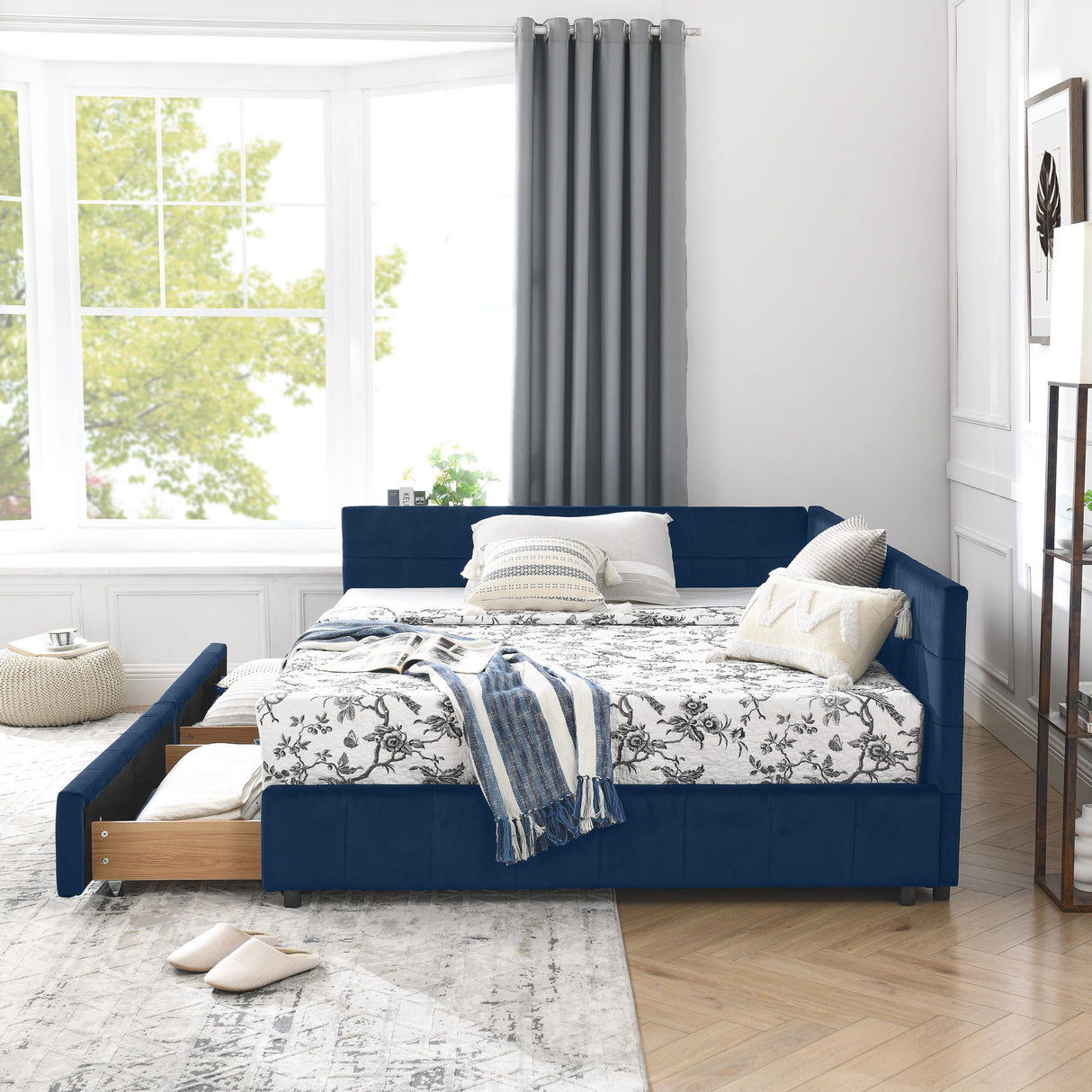 Mid-Century Storage Upholstered Tufted Bed Frame With Backrest And Armrests