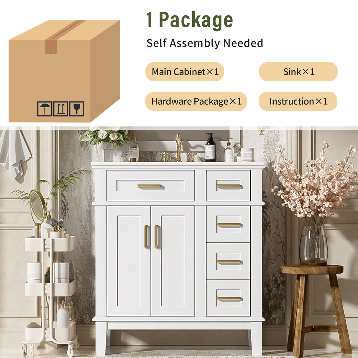 Modern Bathroom Vanity With Sink, Storage Cabinet, Soft Close Doors, Deep & Standard Drawers