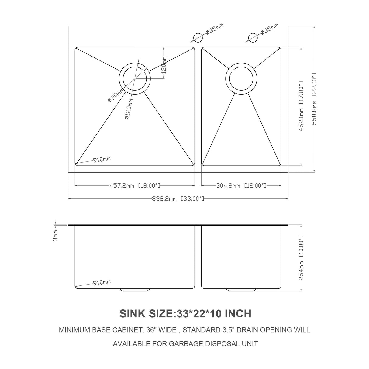 Double Bowl Kitchen Sink 16 Gauge 33" X 22" With 2 10" Deep Basins - Gunmetal Black