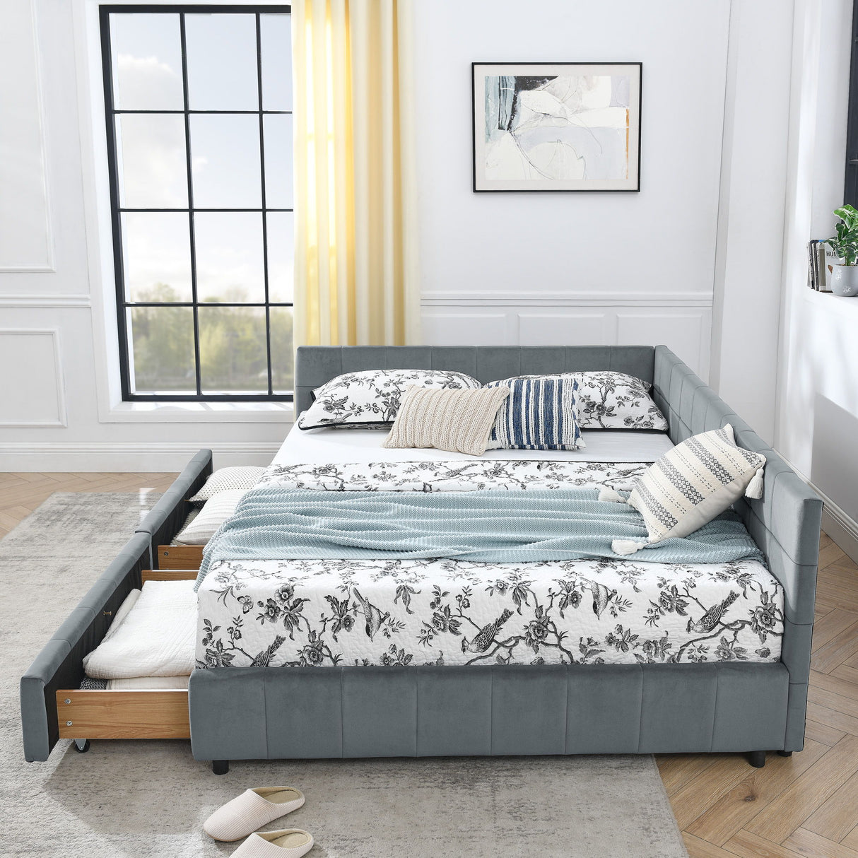 Elegant Storage Upholstered Tufted Bed Frame With Backrest And Armrests